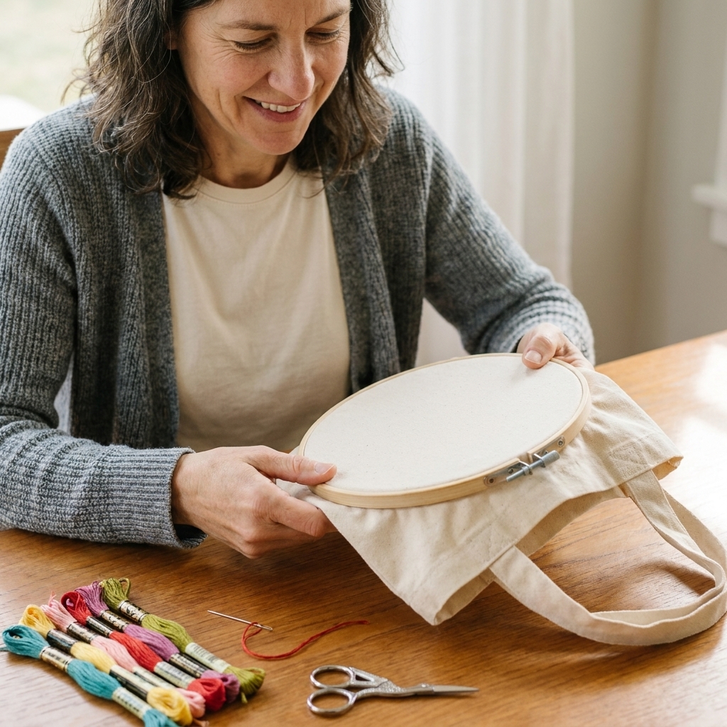 A blank natural canvas tote bag stretched in a wooden embroidery hoop on a table beside embroidery floss, a tapestry needle, and small scissors