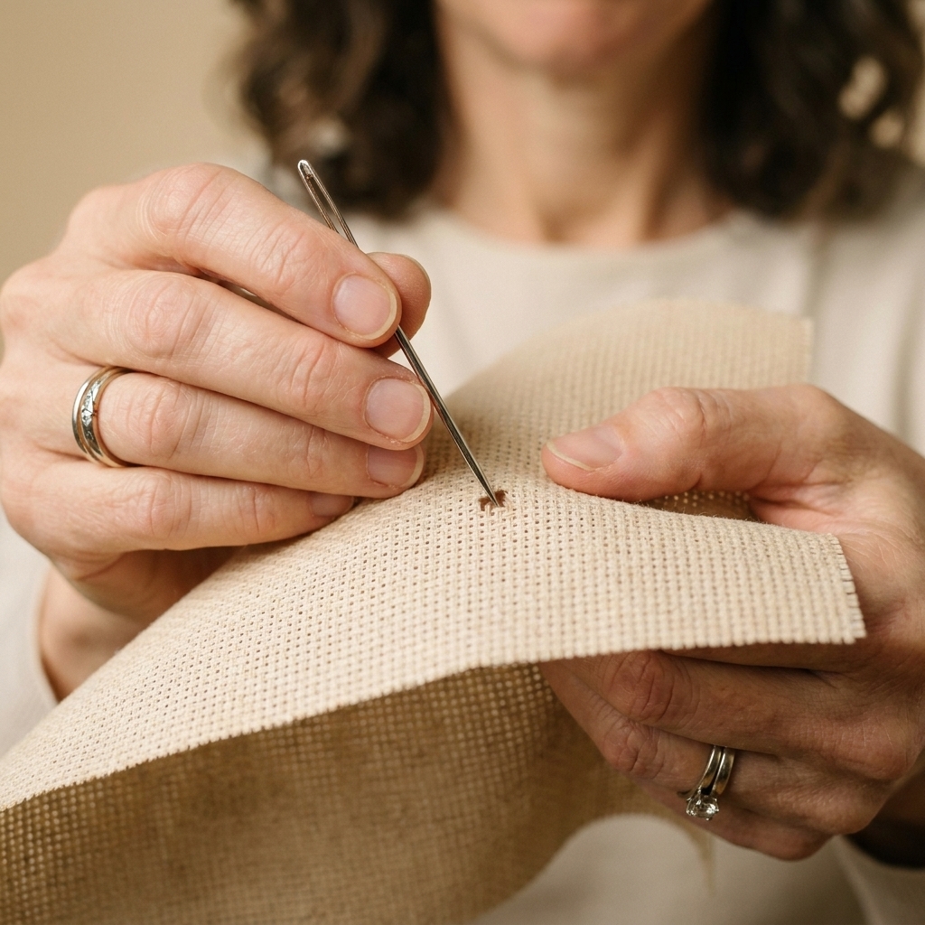 A blunt-tip tapestry needle next to Aida fabric, showing the needle positioned over the fabric holes