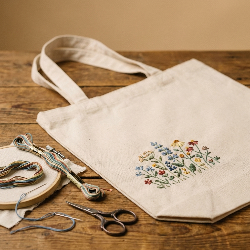 A canvas tote bag on a table with a small hand-embroidered floral design near the corner, embroidery floss and a needle nearby
