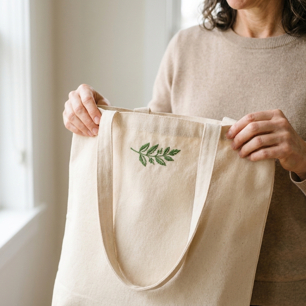 A canvas tote bag with a small green leafy sprig embroidered near the top edge, held in hands in natural light