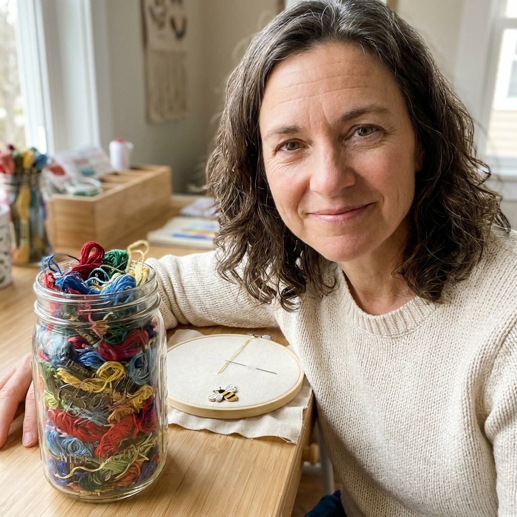 A clear glass jar filled with colorful embroidery floss scraps sitting beside a hoop and a magnetic needle minder on a cozy crafting table