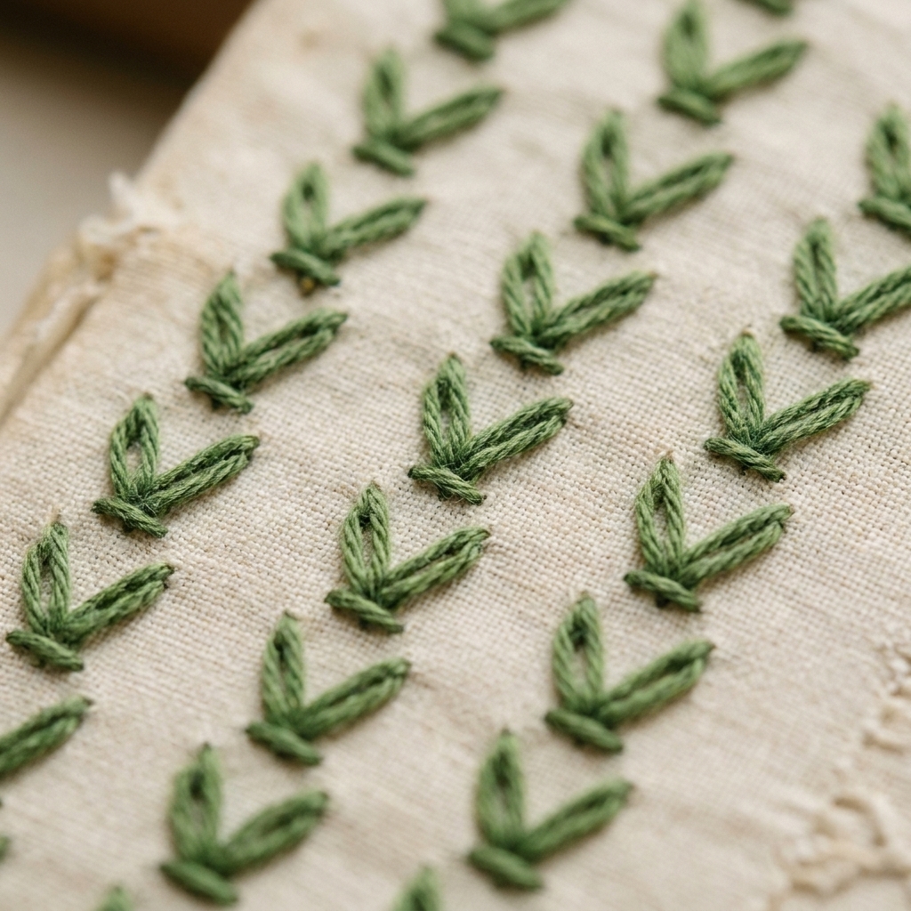 A close photograph of a cotton fabric sampler showing several fly stitches stitched as small leaves in green floss, each V shape held with a tiny anchoring stitch