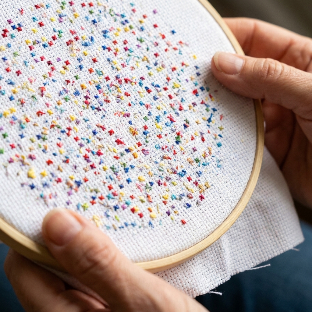 A close-up of a cross stitch piece with a colorful confetti-style background of scattered stitches on white Aida cloth