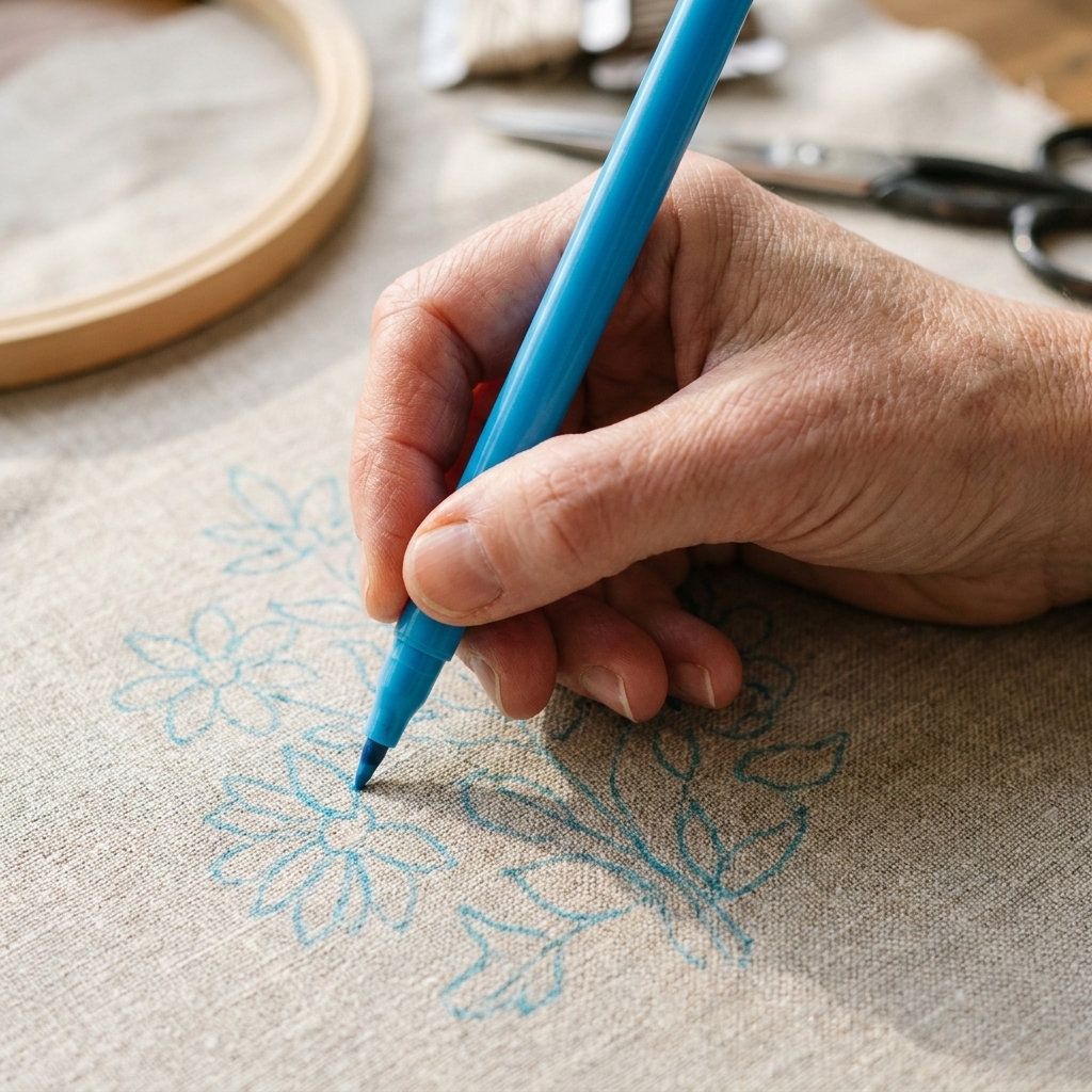 A close-up of a hand holding a blue water-soluble embroidery pen above linen fabric with a lightly drawn floral outline
