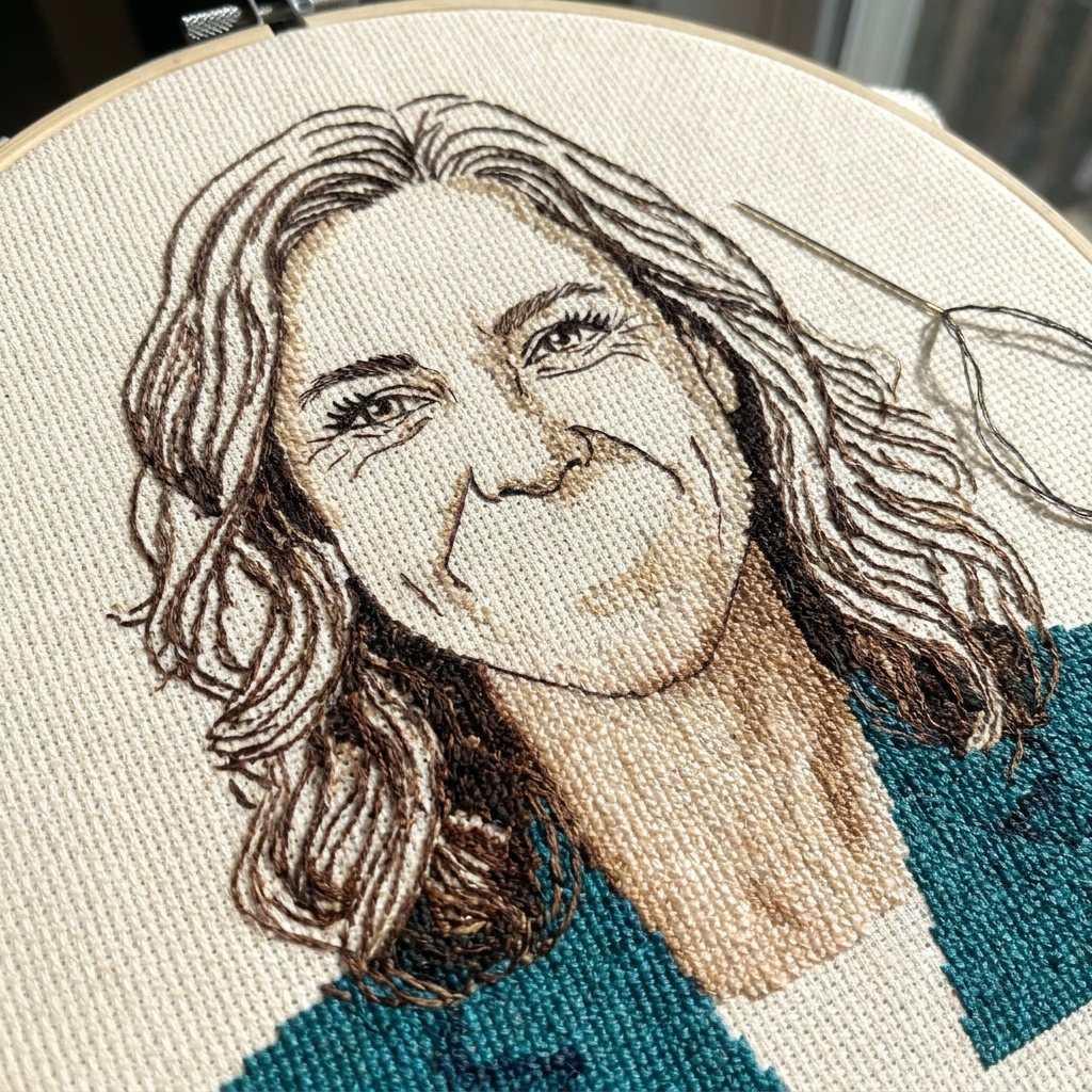A close-up of a partially finished cross stitch portrait showing backstitch lines defining the eyes and nose
