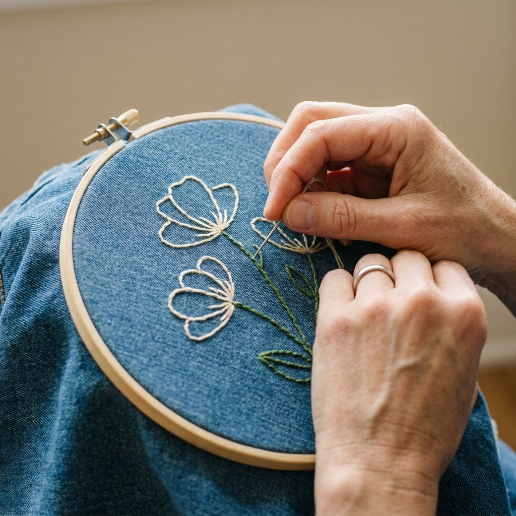 A close-up of hands stitching a simple floral outline on blue denim using a hoop, with visible backstitch and stem stitch lines