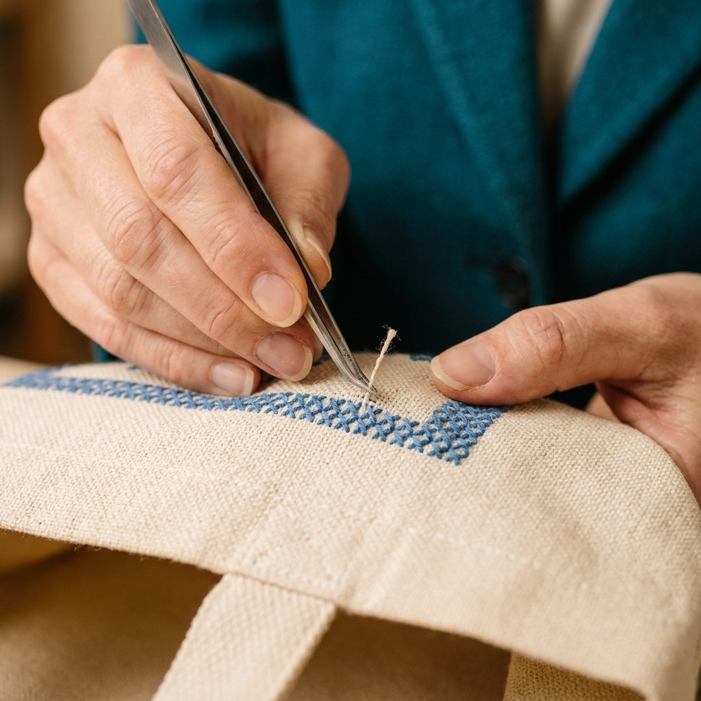 A close-up of tweezers gently pulling a single waste canvas thread out from under completed cross stitches on a canvas tote bag