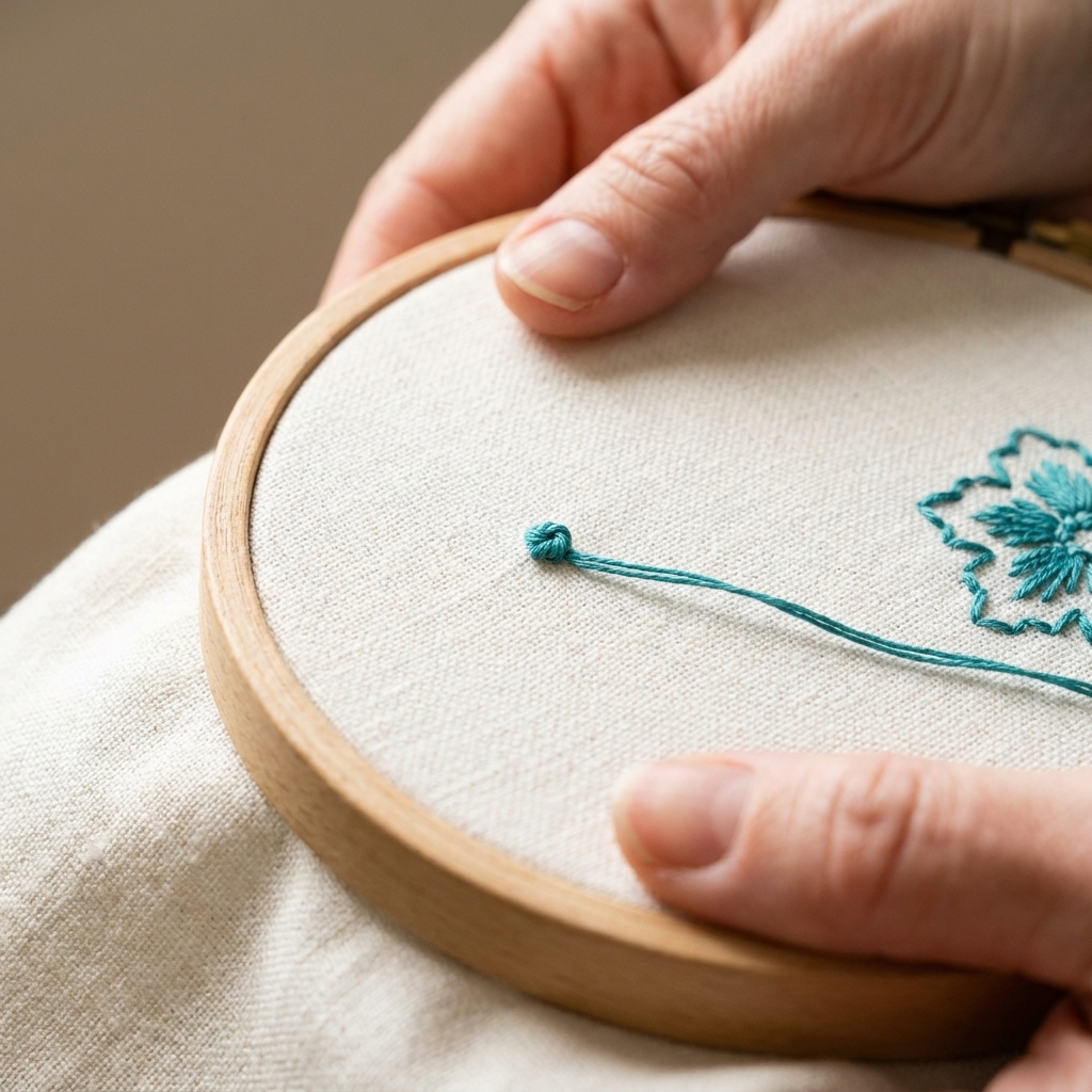 A close-up photo of an embroidery hoop with a small knot on the front of the fabric a few inches away from a stitched motif, showing the thread traveling across the surface