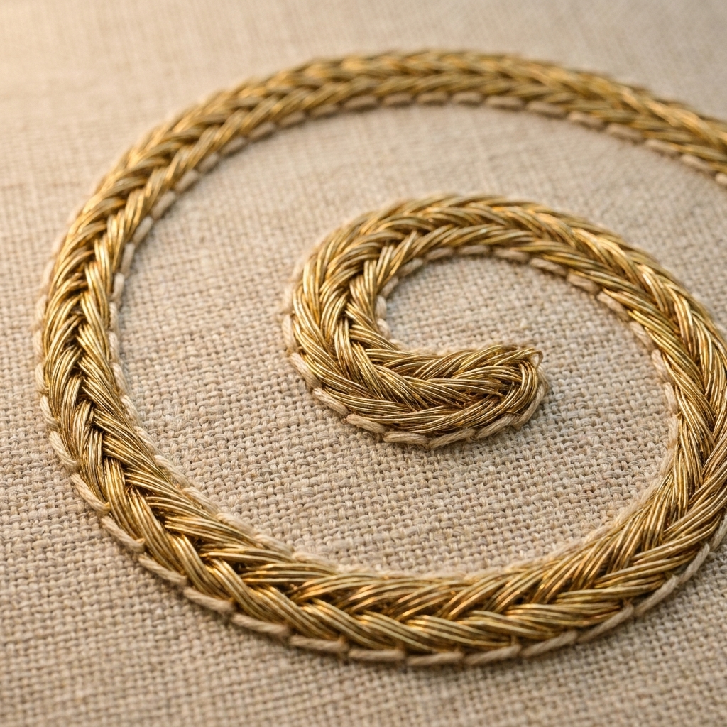 A close-up photo of metallic braid couched onto linen with evenly spaced tiny stitches, forming a smooth curved outline