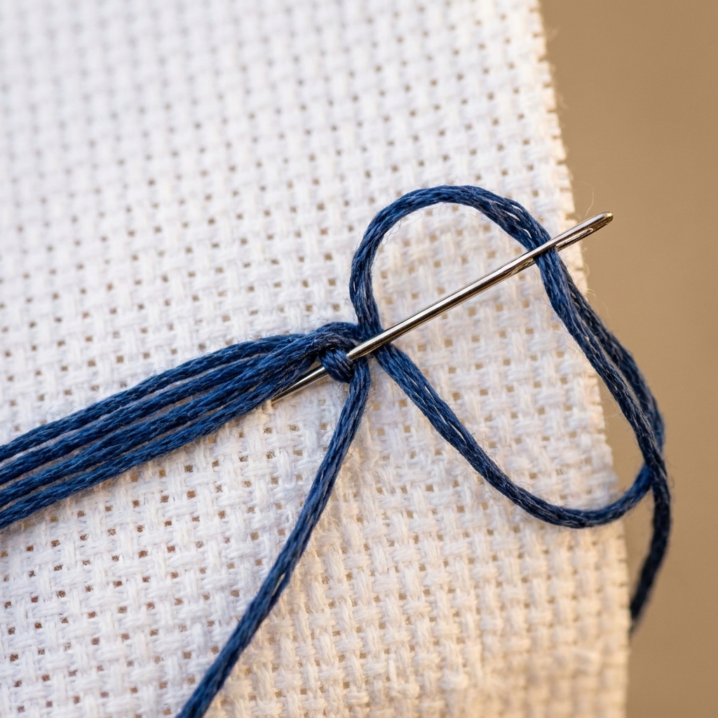 A close-up photo of the back of Aida cloth showing a threaded needle passing through a folded floss loop to secure the first stitch