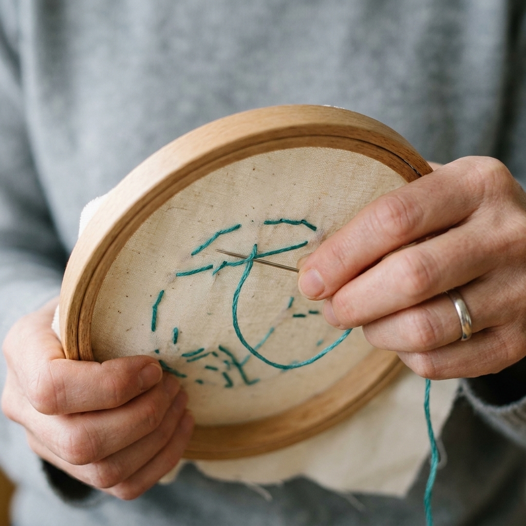 A close-up photo of the back of an embroidery hoop where a needle is being slid under several stitched threads to secure a floss tail