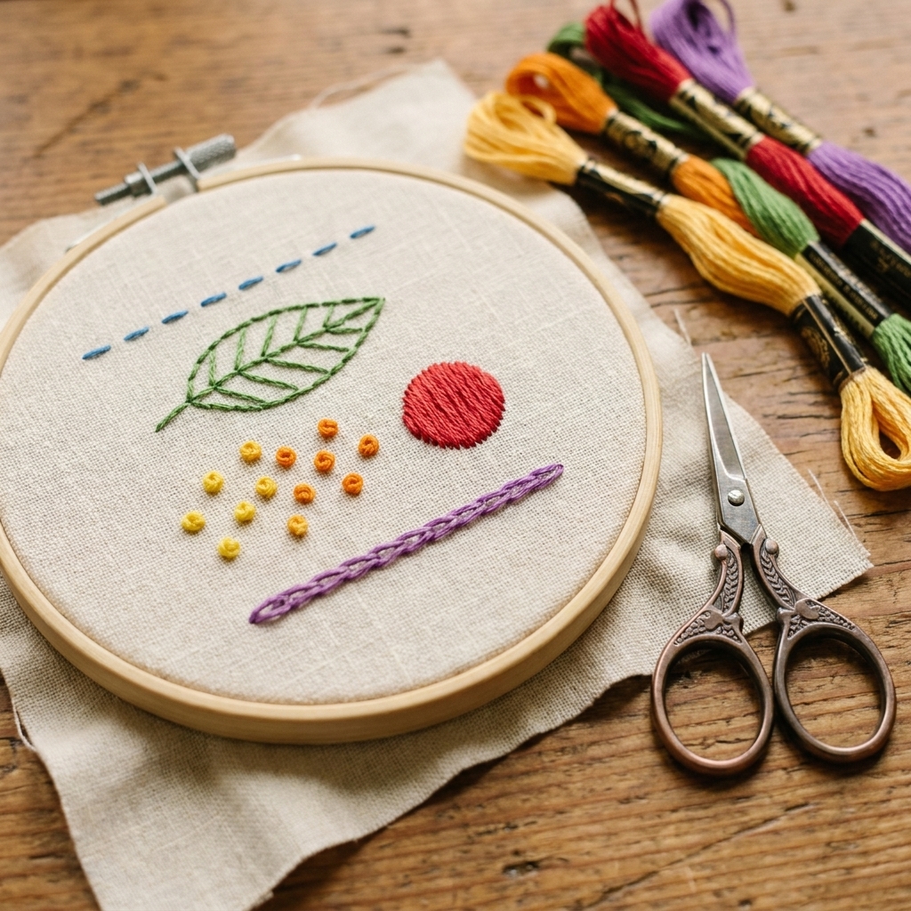 A close-up photograph of a beginner embroidery sampler in a hoop showing five different stitch areas, with floss and small scissors on a wooden table