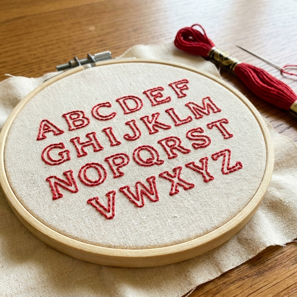 A close-up photograph of a beginner embroidery sampler showing the alphabet stitched in neat backstitch on light cotton fabric