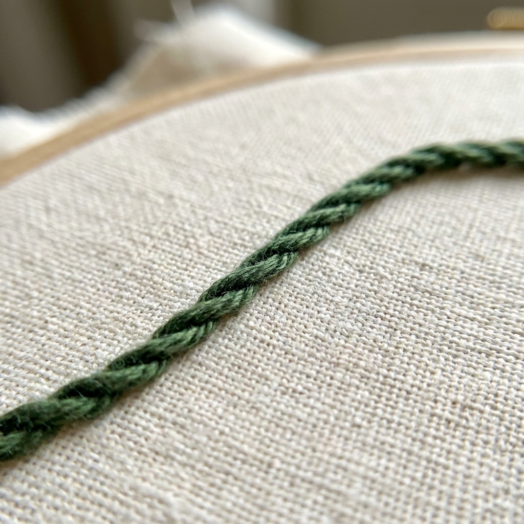 A close-up photograph of a curved vine line stitched with stem stitch on cotton fabric, showing a slightly twisted rope-like texture