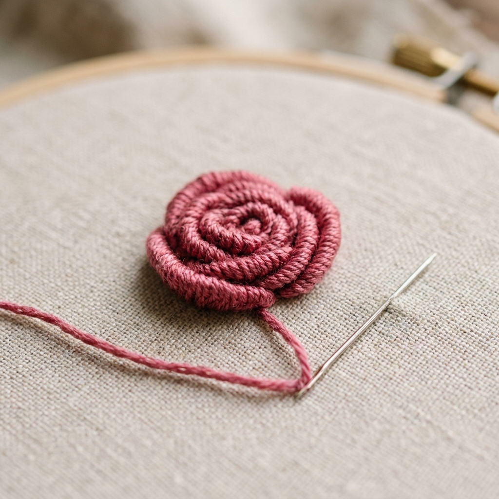 A close-up photograph of a finished embroidery bullion knot shaped like a small rose petal on light fabric, with the thread tail and needle nearby
