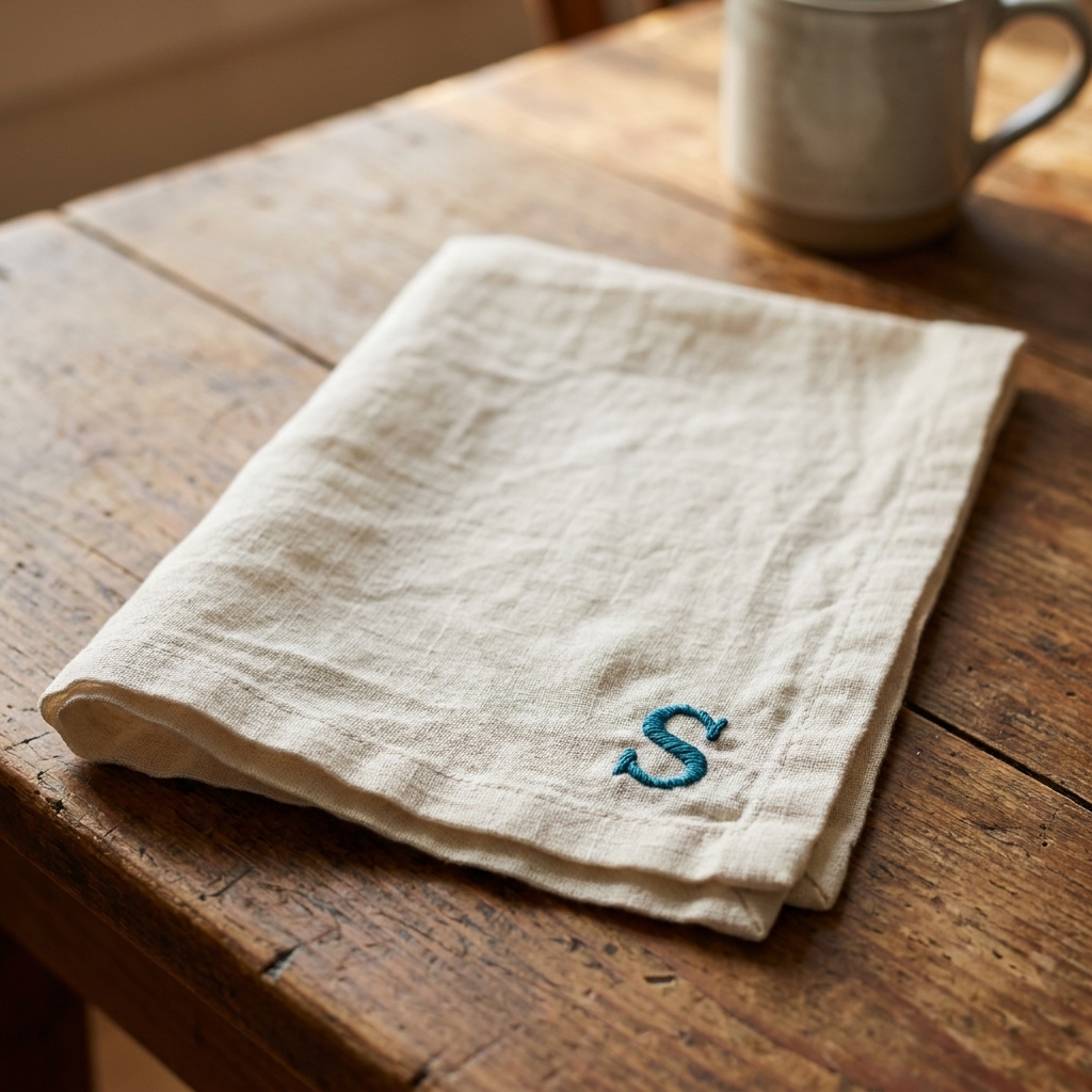 A close-up photograph of a folded linen napkin with a small hand-embroidered initial in one corner, photographed on a wooden table