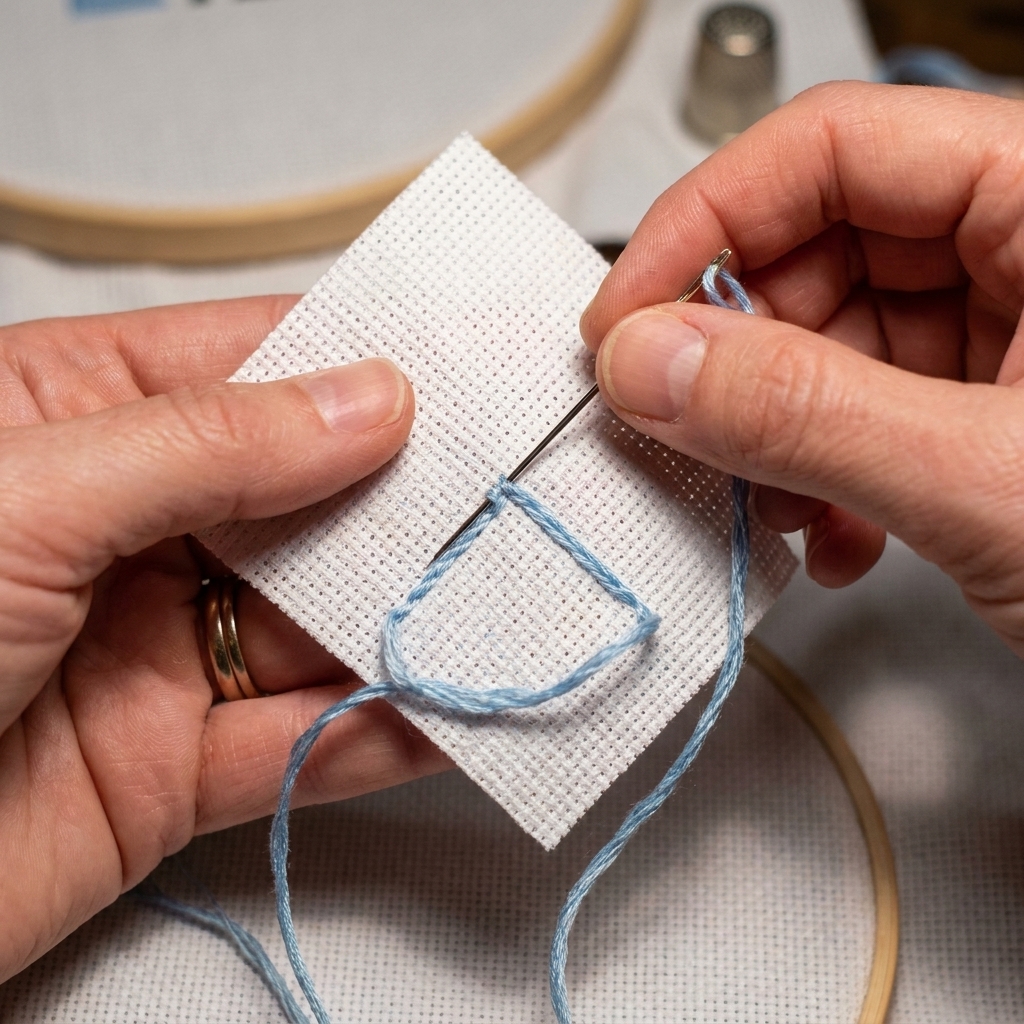 A close-up photograph of a needle making a quarter stitch from a fabric corner to the center point on white Aida cloth