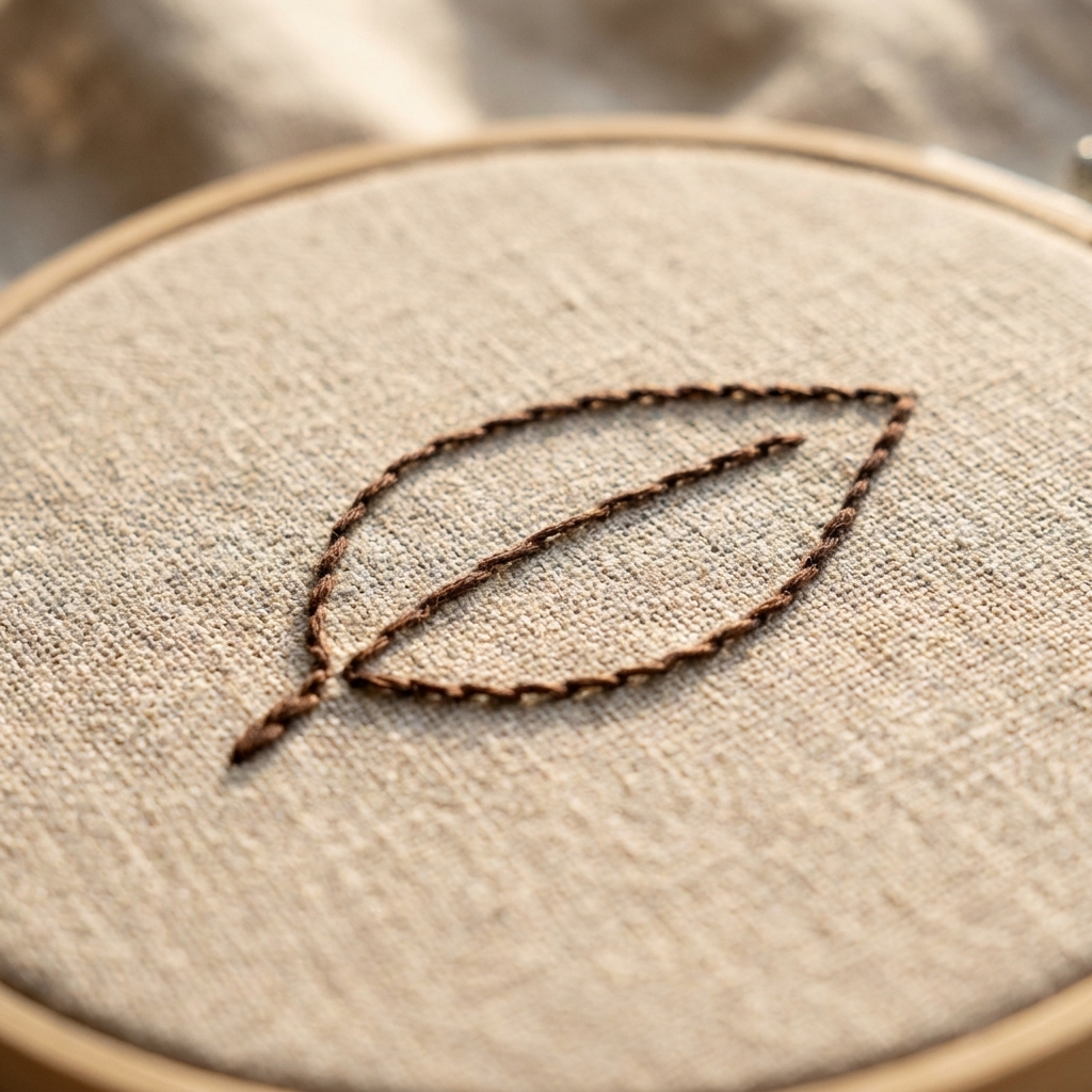 A close-up photograph of a simple leaf outline stitched in backstitch on neutral linen, showing a smooth continuous line
