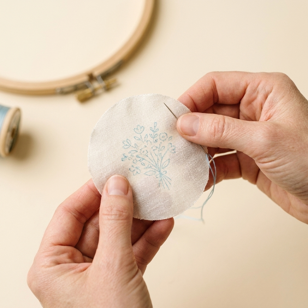A close-up photograph of a small circular fabric piece with a faint transferred miniature floral pattern ready for stitching