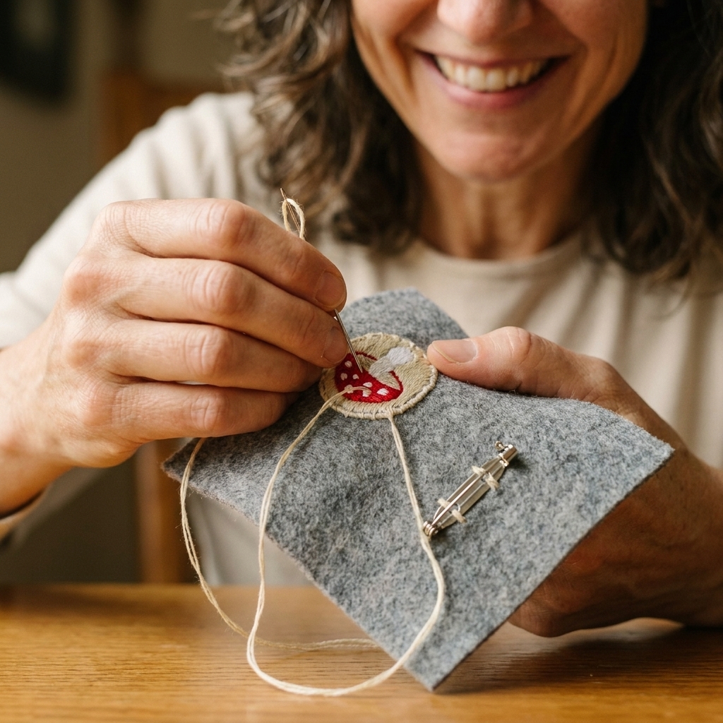 A close-up photograph of a small embroidered patch being hand-stitched onto felt with a metal brooch pin back on the reverse