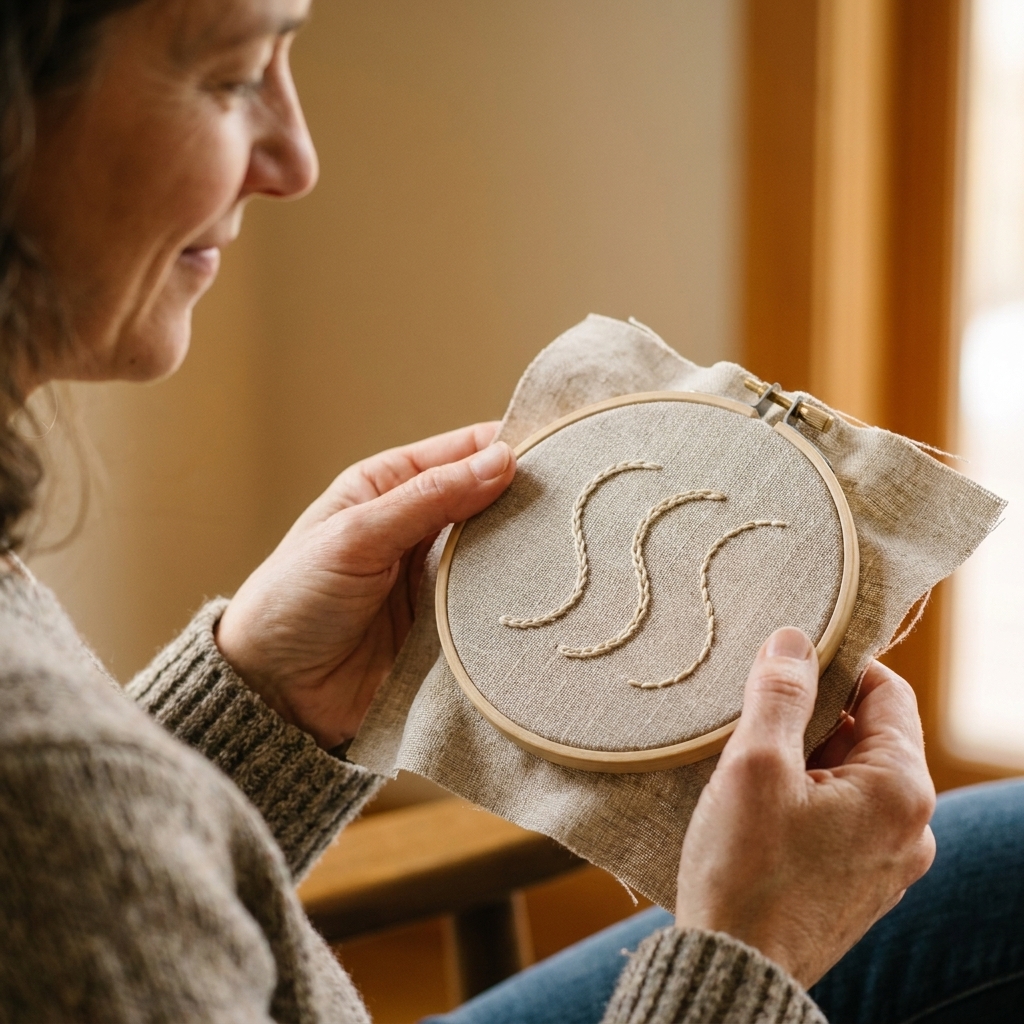 A close-up photograph of a small embroidery practice sampler on linen with three stitched S-shaped curves in different line stitches, the hoop held in someone’s hands