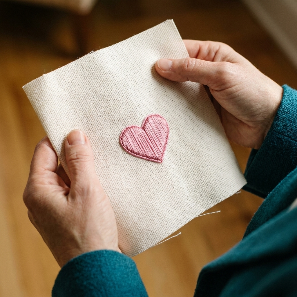 A close-up photograph of a small heart motif filled with smooth satin stitches in pink floss on Aida fabric, with clean edges and a subtle sheen