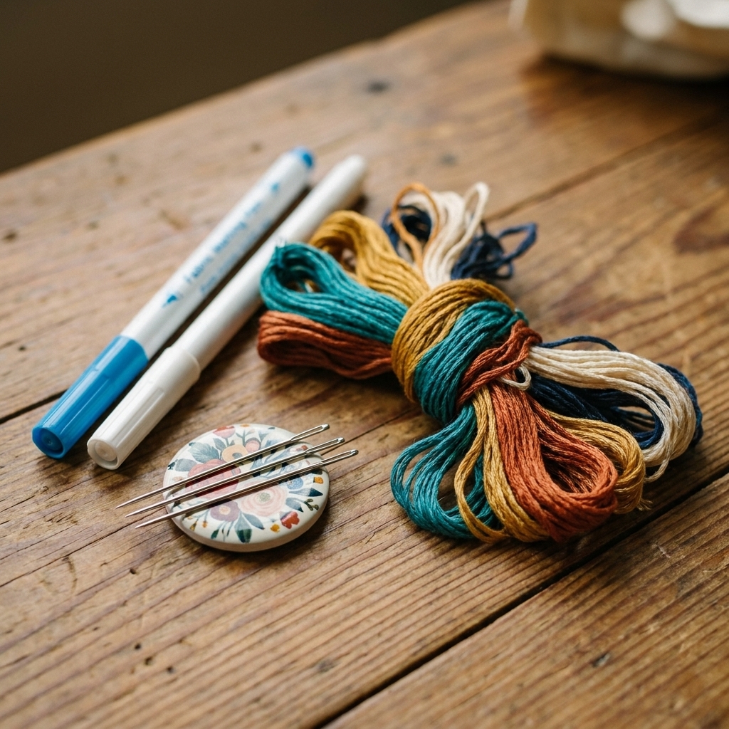 A close-up photograph of a small pile of embroidery supplies on a wooden table, including two fabric marking pens, a bundle of colorful embroidery floss, and a magnetic needle minder