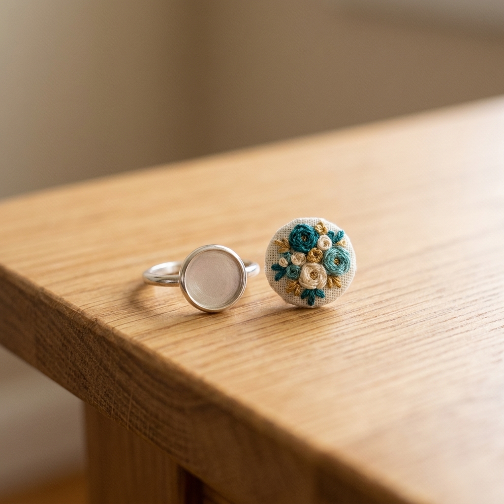 A close-up photograph of a small ring blank with a round bezel beside a tiny circular embroidered fabric piece on a wooden tabletop