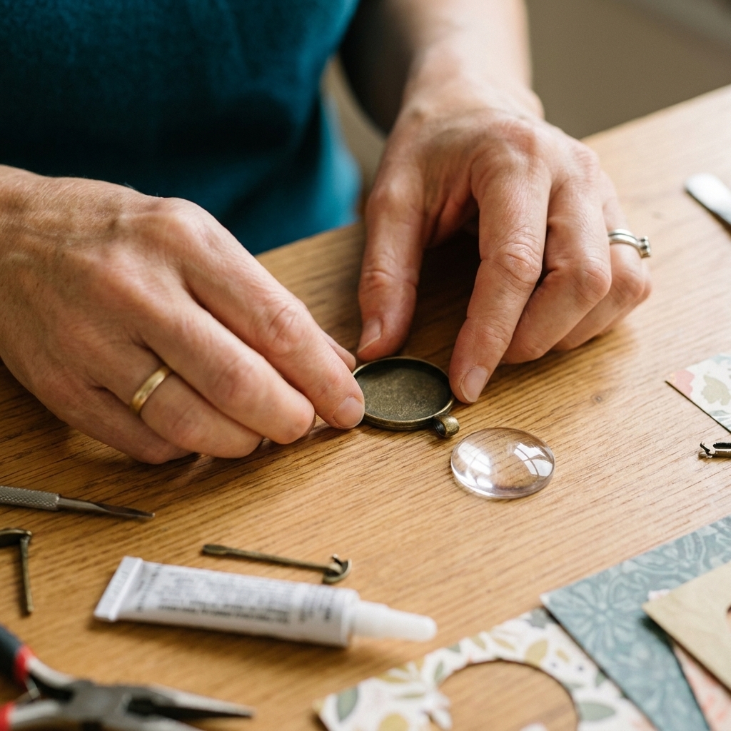A close-up photograph of a small round pendant bezel tray with a clear glass cabochon placed beside it on a craft table