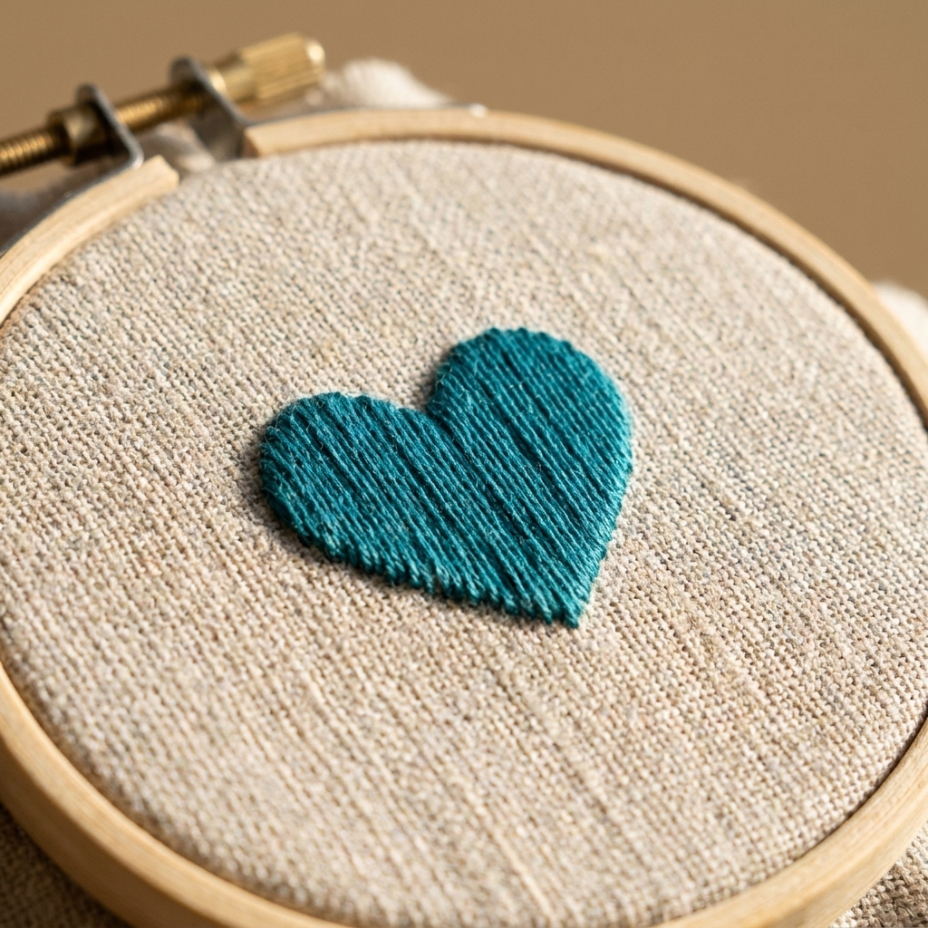 A close-up photograph of a small satin-stitched heart on linen fabric inside an embroidery hoop, with smooth parallel stitches filling the shape