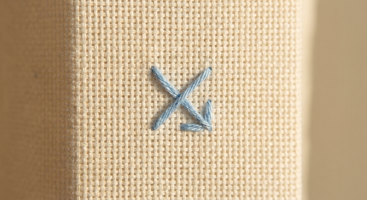 A close-up photograph of a three-quarter stitch on evenweave fabric, showing the diagonal half stitch and the extra quarter leg meeting at the center of one square