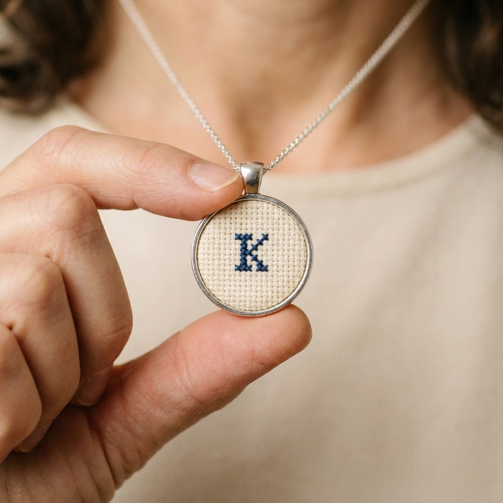 A close-up photograph of a tiny cross stitched initial on evenweave fabric fitted into a small round pendant setting