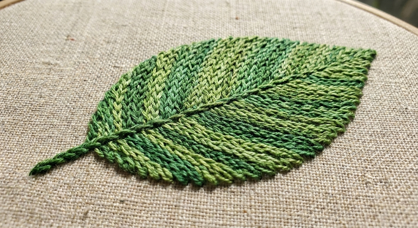A close-up photograph of an embroidered leaf filled with neat rows of green chain stitch on natural linen