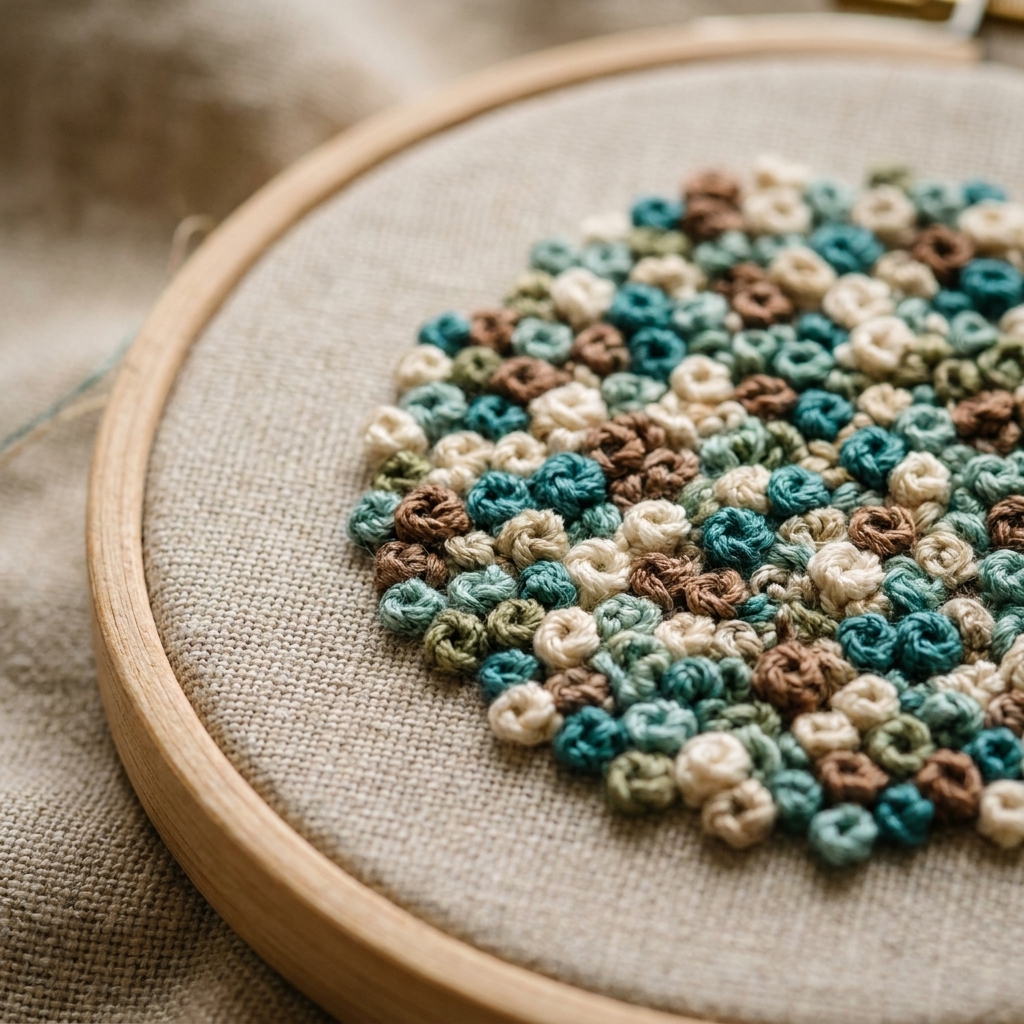 A close-up photograph of an embroidery hoop showing a dense cluster of small raised knot stitches forming a textured area on beige linen