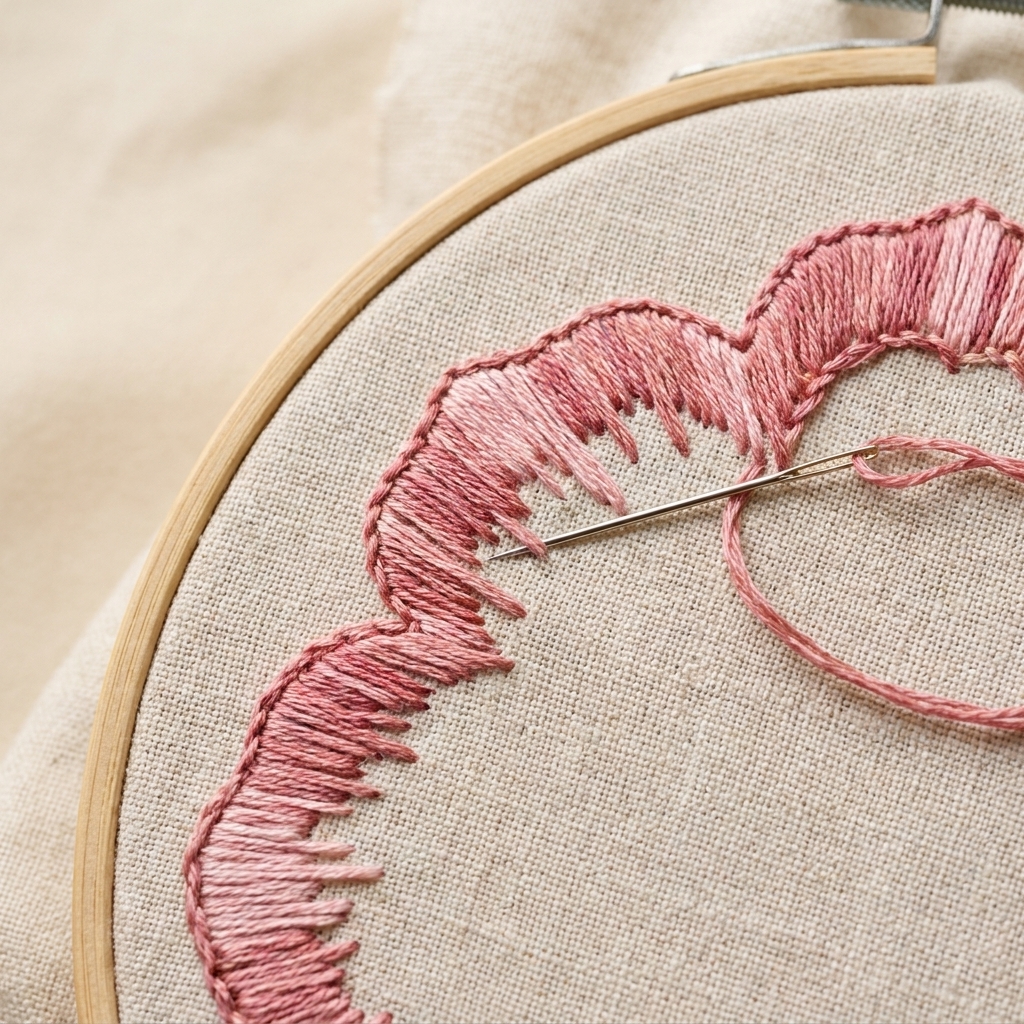 A close-up photograph of an embroidery hoop showing the first row of long and short stitches along the edge of a petal, with an intentionally uneven inner edge for blending