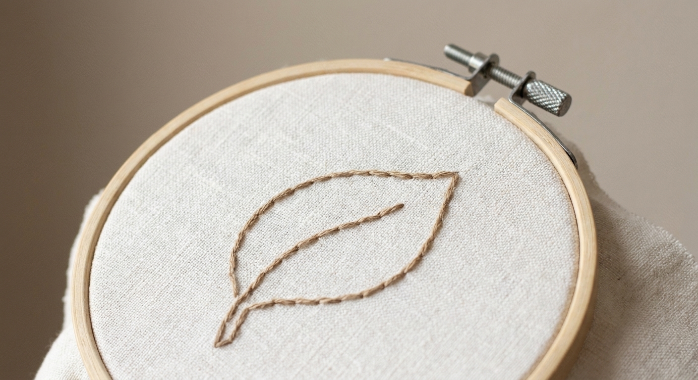 A close-up photograph of an embroidery hoop showing a single continuous outline stitch line curving around a simple leaf shape on off-white linen