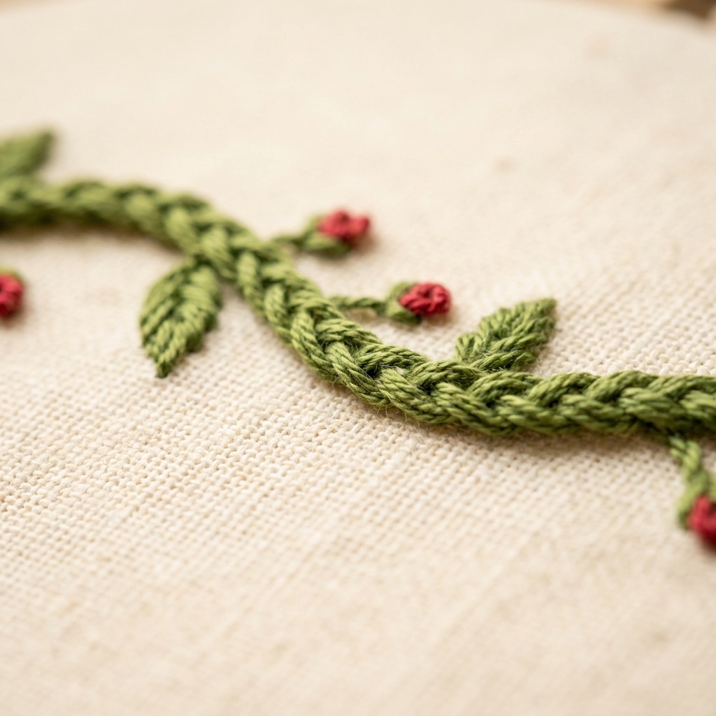A close-up photograph of braided chain stitch in green thread forming a textured vine line across cream fabric