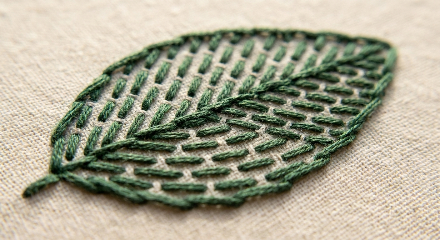 A close-up photograph of brick stitch fill inside a leaf shape on cotton fabric, showing offset rows of short straight stitches