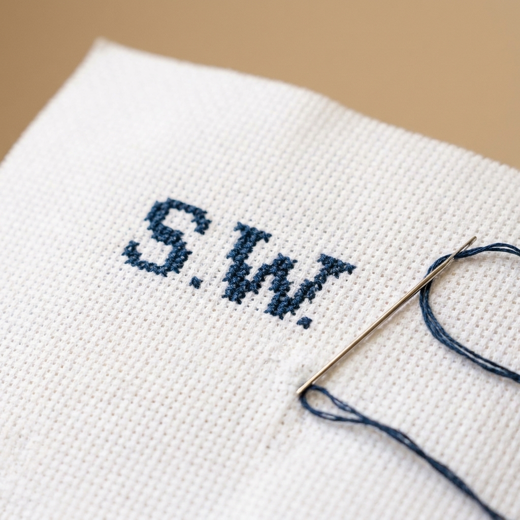 A close-up photograph of cross stitched initials on white Aida cloth with a needle threaded with embroidery floss resting beside the stitches