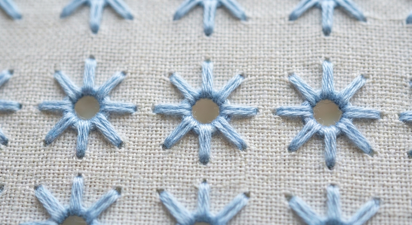 A close-up photograph of evenweave fabric showing several Algerian eyelets worked in pale blue floss, each with a clean open center and evenly spaced spokes