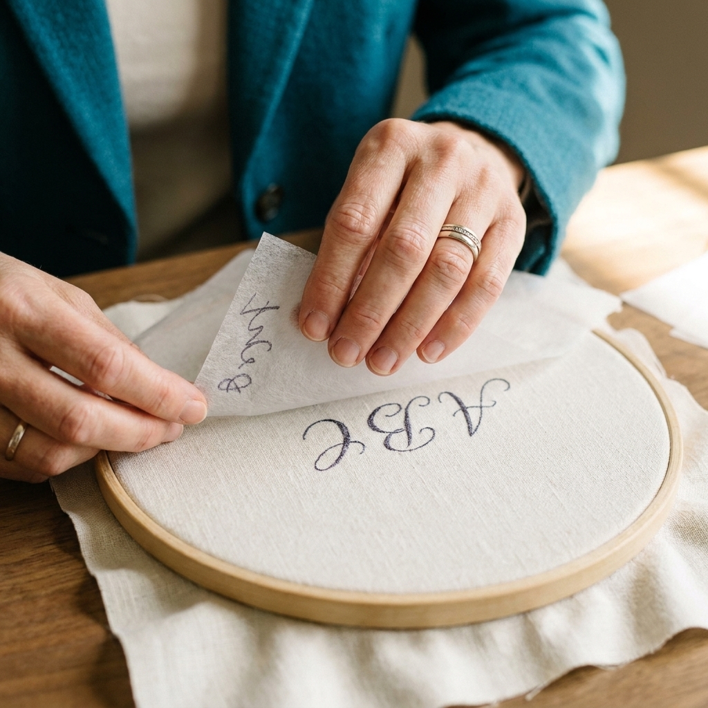 A close-up photograph of hands positioning a sheet of water-soluble embroidery stabilizer with handwritten letters onto a piece of fabric in an embroidery hoop