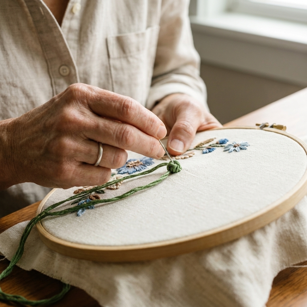 A close-up photograph of hands stitching a raised knot on fabric in an embroidery hoop, with the thread wrapped around the needle just above the cloth