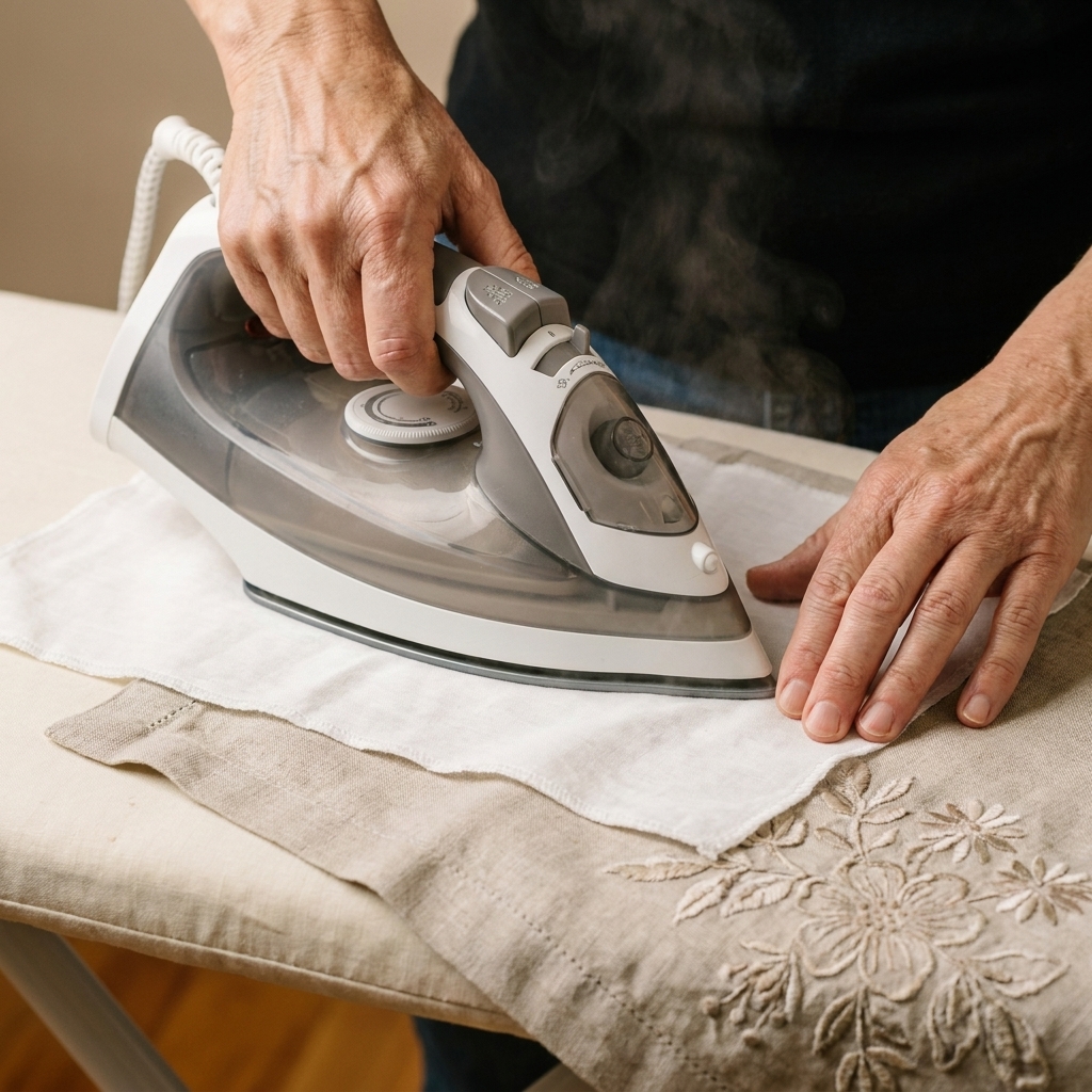 A close-up photograph of hands using a household iron over a thin cotton pressing cloth laid on top of embroidered linen on an ironing board