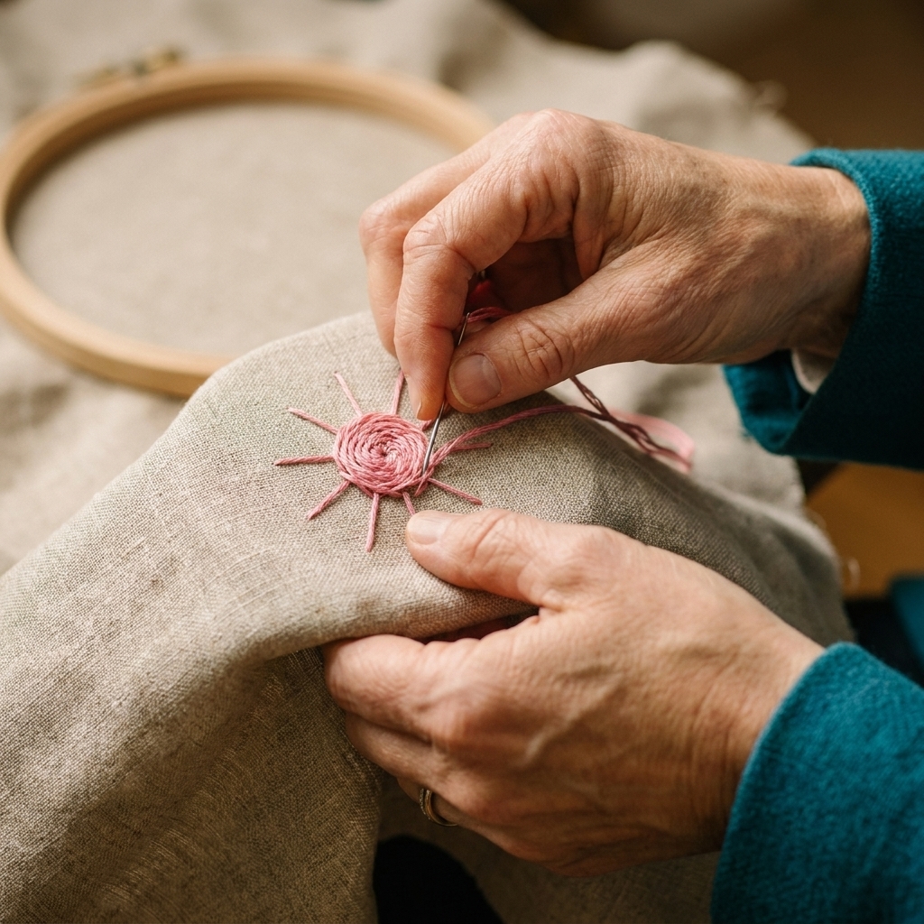 A close-up photograph of hands weaving pink embroidery floss over and under spoke stitches on linen, forming the early spiral of a woven wheel rose