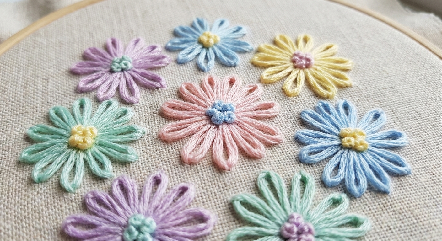 A close-up photograph of lazy daisy stitches forming small flower petals in pastel embroidery floss on light linen fabric