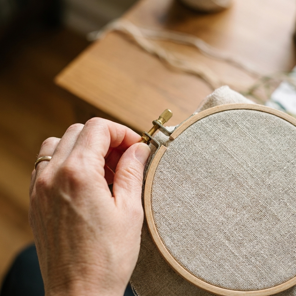 A close-up photograph of linen fabric pulled taut in a wooden embroidery hoop with a hand tightening the metal screw