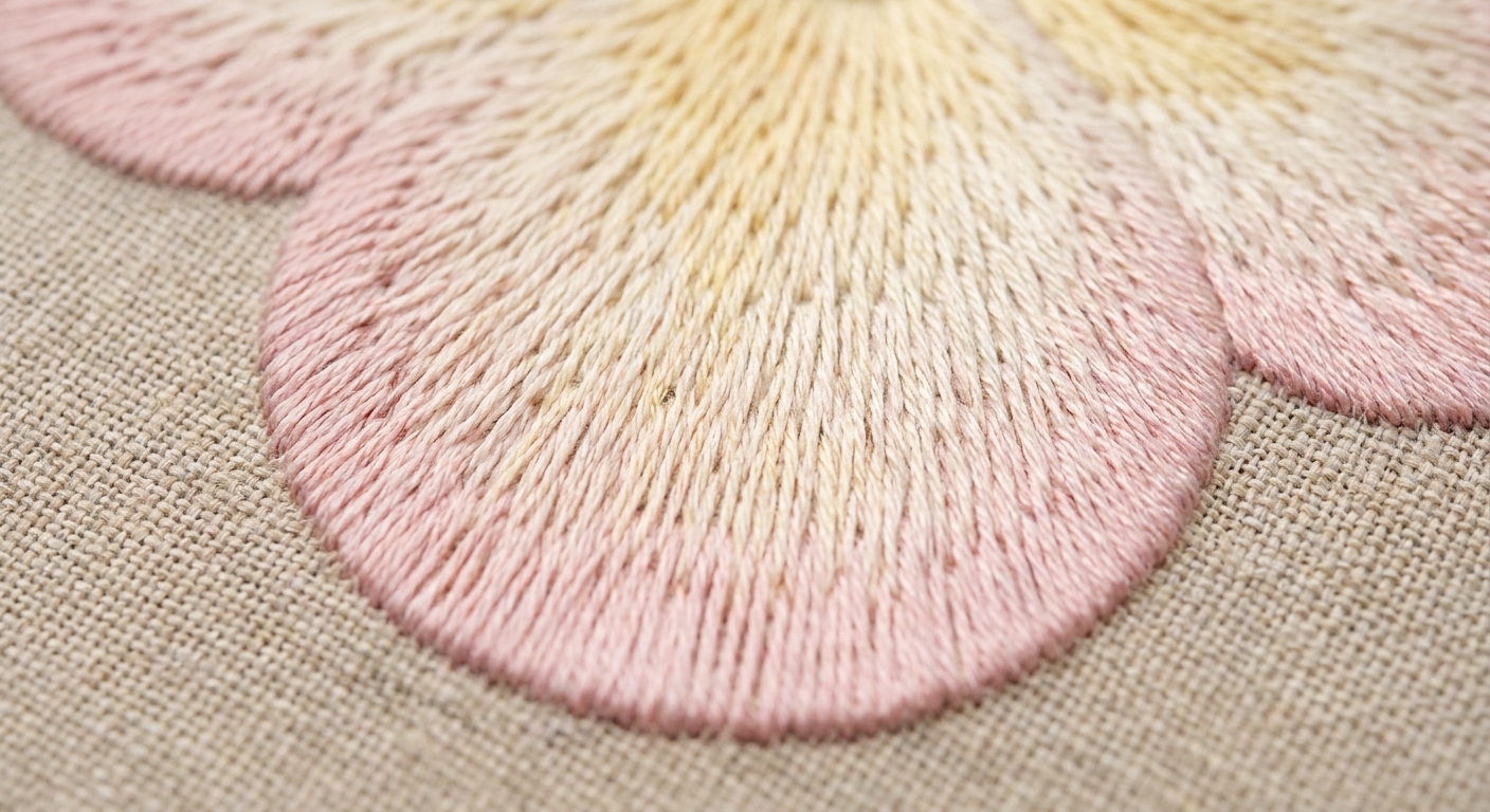 A close-up photograph of long and short stitch filling a flower petal on natural linen, showing interlocking rows and subtle shading