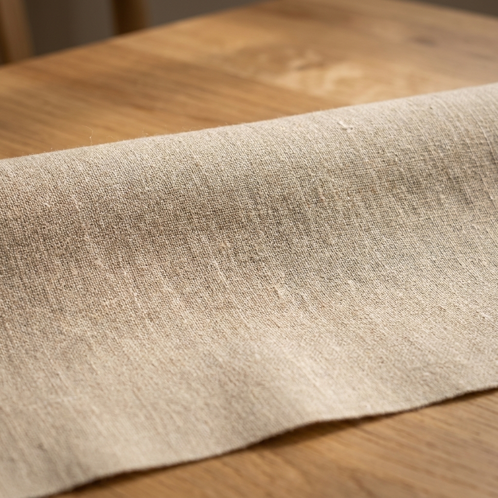 A close-up photograph of natural beige linen evenweave fabric showing fine threads and subtle texture on a tabletop