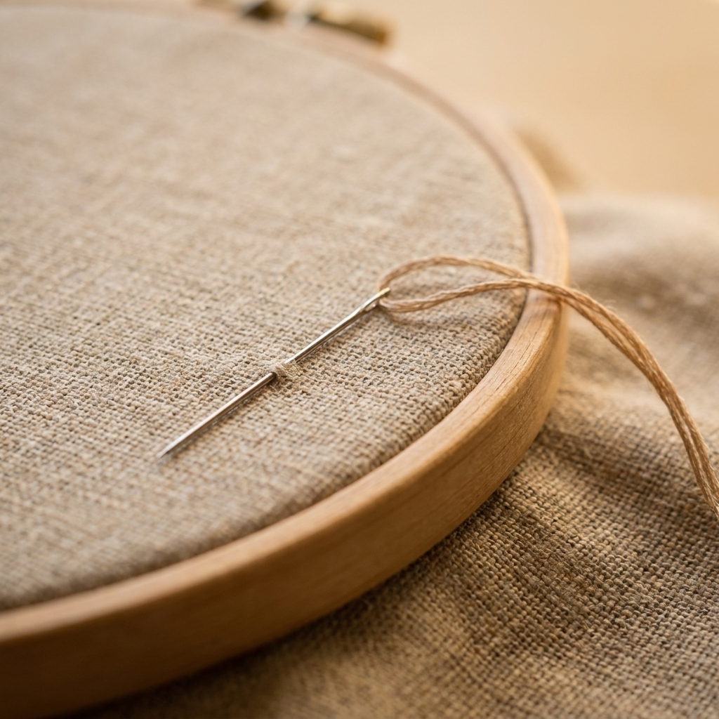 A close-up photograph of natural linen fabric stretched in an embroidery hoop with a threaded needle resting on the fabric surface