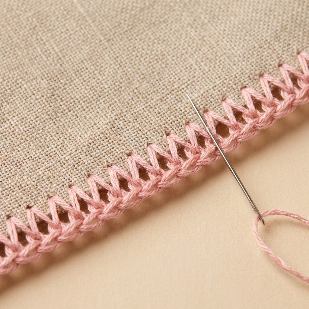 A close-up photograph of open chain stitch in soft pink thread forming an airy border along the edge of a linen sampler